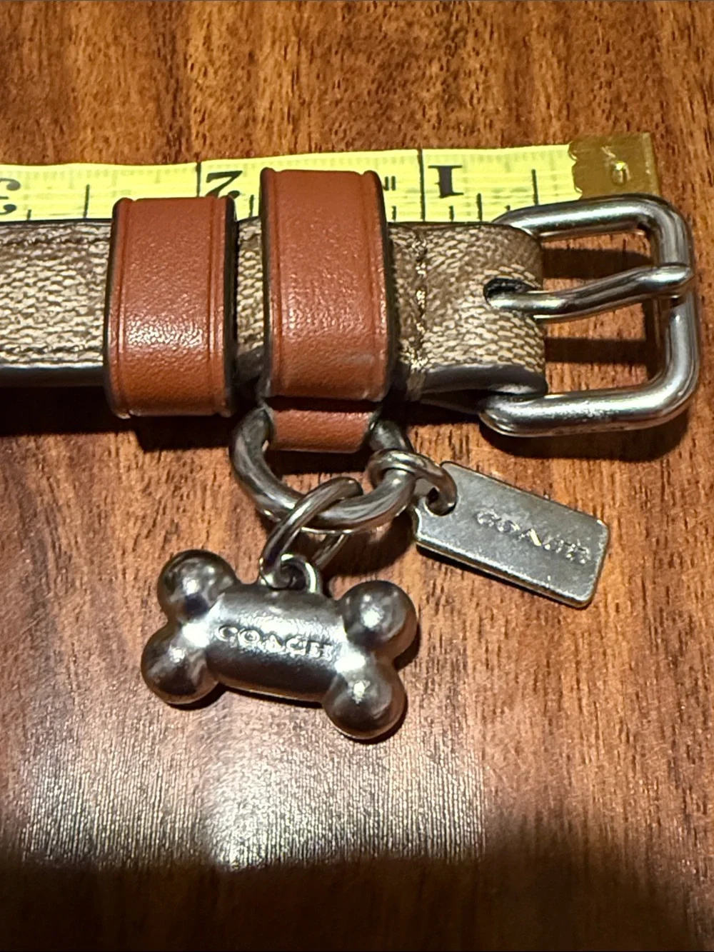 Coach Signature Canvas Dog Collar with Tan Leather Trim and Silver Charms